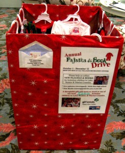 This drop-off box for the Annual Pajama Book Drive is located at Colony Cottage Rec Center.