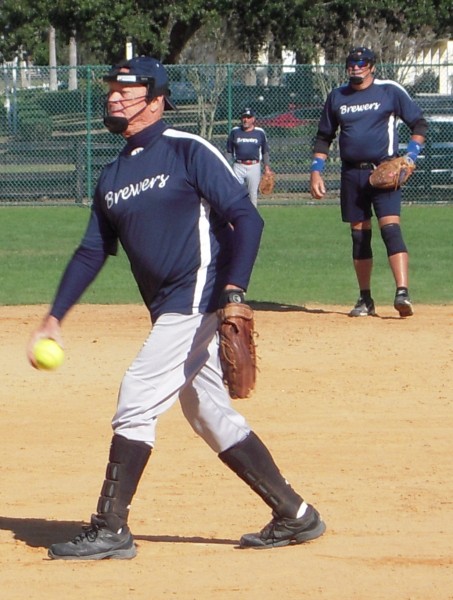 Brewers' winning pitcher, Ken Semmel, prepares to toss another strike.