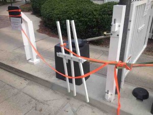 Damage at the new card-access gate on the Historic Side is under investigation.