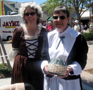 Barb Roberts and Jan Watkins of the Villages Basket Weavers were in the colonial spirit.