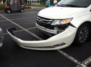 The bumper was nearly torn off Dick and Joan Hellmers' van while it was parked Tuesday at Bacall Recreation Center.