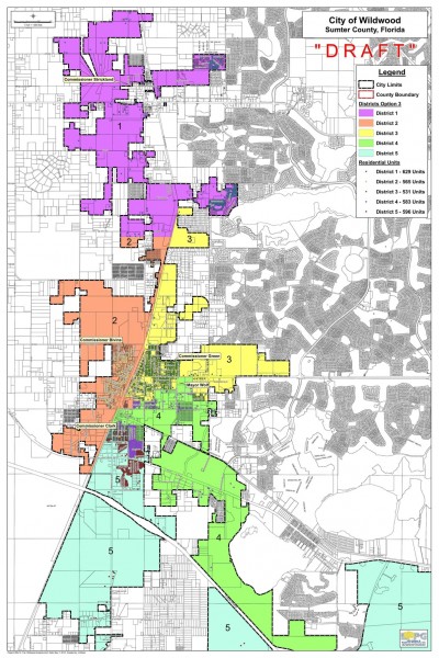 A draft map of proposed commissioner districts in Wildwood.