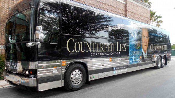 Oliver North's tour bus outside Barnes & Noble.