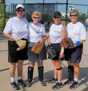 Alice Terrill suited up to support her daughters' 'The Players' team on Saturday. From left, Chris Terrill, Mom Alice Terrill, Ginny Frisco and Lynn Keane.