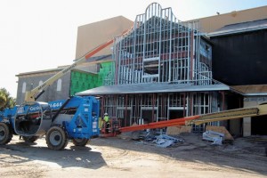Work continues at the rear of the Sharon L. Morse Performing Arts Center, with a nicely stylized aluminum extension in place.