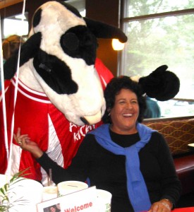 Nancy Lopez with the Chick-fil-A Cow.