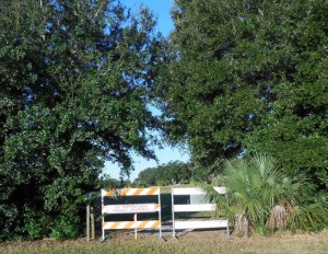 Ron Brown's property can be seen on the other side of these barricades just off Bowersox Drive in The Villages.