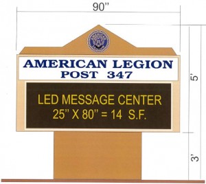 This drawing shows the plan for the American Legion sign at CR 466 and Rolling Acres Road.