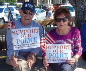 NYPD retiree Bob Byrne and Donna Vallance, from Springdale Village, were at the rally.