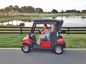 Morgan Fazio drives a golf cart. She is from North Carolina. 