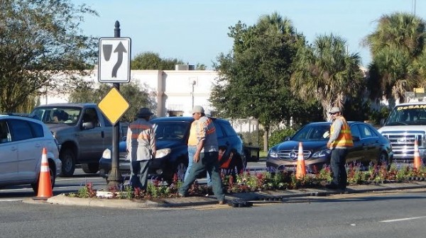 Landscapers at work Monday morning at the intersection of Morse Boulevard and County Road 466.