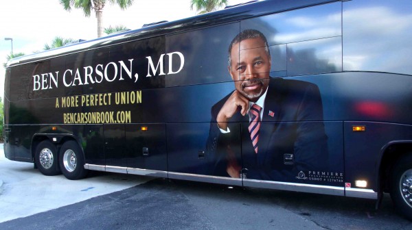 Ben Carson arrived at Barnes & Noble on this tour bus.