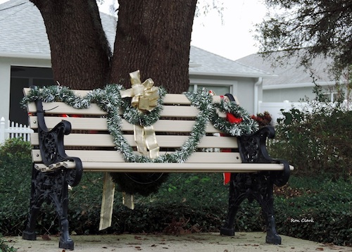 Commemorative bench decorated for the holidays