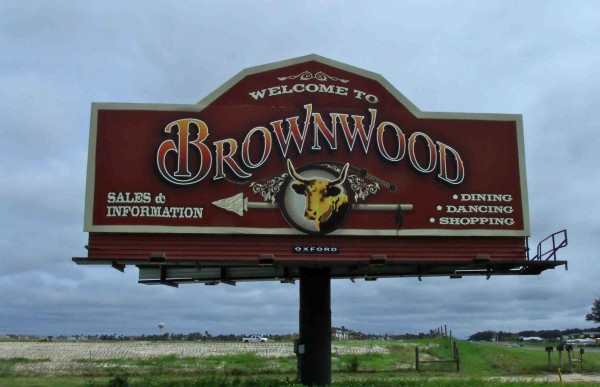A billboard points the way to Brownwood.