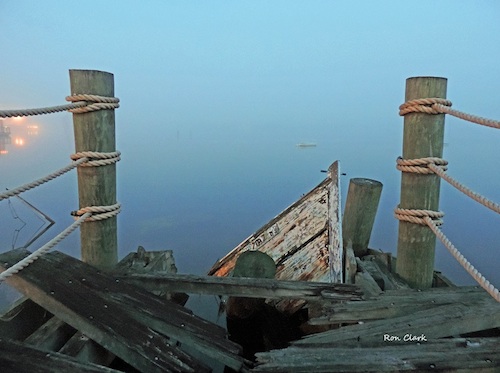 Morning fog at Lake Sumter Landing boardwalk