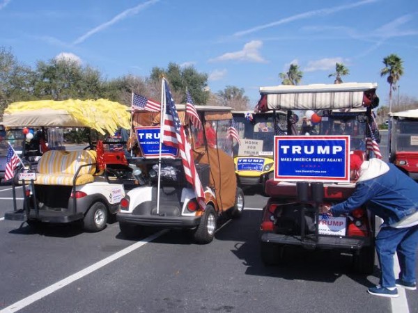 Villagers are decorating their golf carts in advance of a golf cart rally in support of Donald Trump.