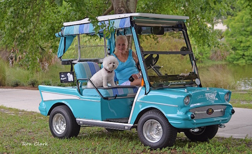 Joanie Sockett and her dog Katrina out for a ride