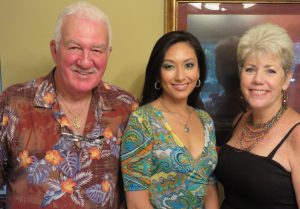 Tom and Roni Crowder with Samantha Geraci Lee, center, hosted a singing showcase at their home in Chatham for more than 40 guests.