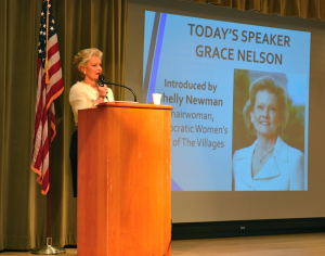 Grace Nelson speaks to the Villages Democratic Club on Saturday at Colony Cottage Recreation Center.