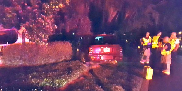 A vehicle crossed the multi-modal path and crashed into shrubbery.