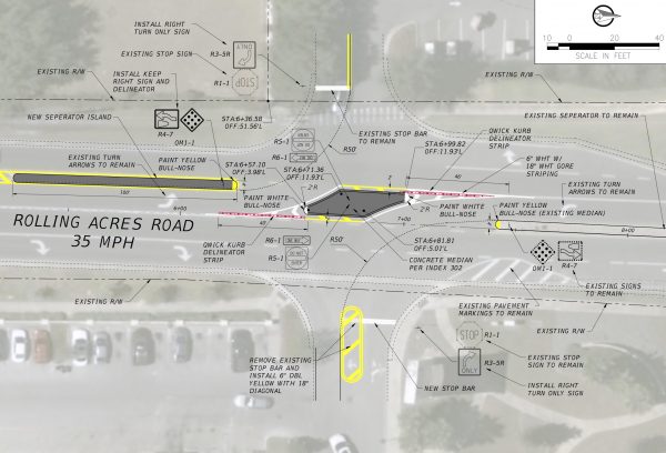 This diagram shows the changes being made at the intersection on Rolling Acres Road.