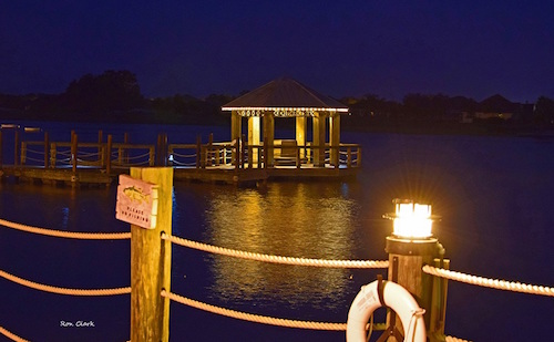 An evening shot of the Gazebo at Lake Sumter Landing