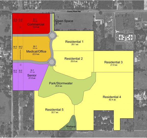 An overview of the planned development, at left, on County Road 466 and Cherry Lake Road.