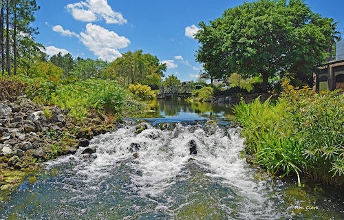 A waterfall in Lake Sumter Landing in The Villages