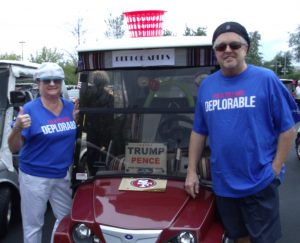 "Deplorables" Ellie and Bob Rowland of Sabal Chase put a basket on top of their golf cart.