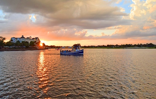 Cruising at sunset on Lake Sumter Landing in The Villages