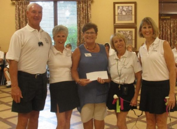 Jerry Peacock, Andrea Lewis, Sue Fentress, with Villagers for Hospice, Ann Pelle, Villages Twirlers Captain and Kathy Berlin, Twirlers Treasurer.