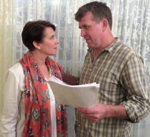 Laurie Arnold rehearses with Broadway's Patrick Ryan Sullivan for "Camelot."