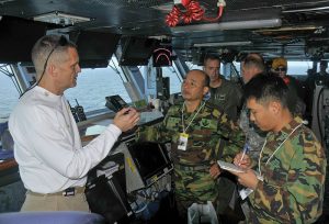 Capt. David A. Lausman, commanding officer of the aircraft carrier USS George Washington (CVN 73), left, speaks with Republic of Korea army.
