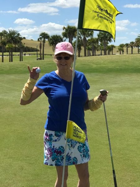 Jan Carlos of the Village of Collier celebrated her first hole-in-one in five years of golfing. She shot it on April 11 on the 9th hole of Sarasota Executive Golf Course.