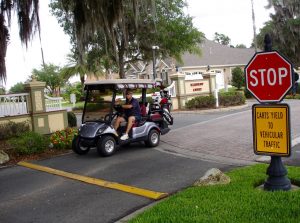 A golf cart approaches a speed bump at the gate to the Village of Bridgeport at Lake Sumter.