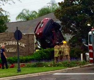 This car crashed Tuesday morning at the entrance to the Birchbrook Villas.