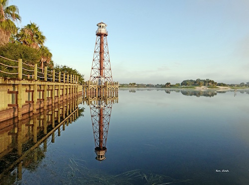 A reflective shot of the lighthouse in The Villages