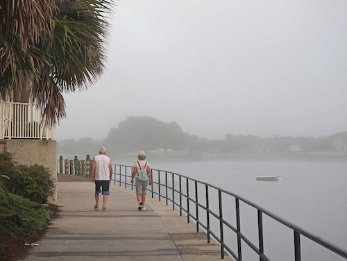 Walking on a foggy morning at Lake Sumter Landing