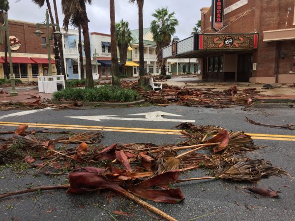 Debris in front of Old Mill House Theater at Lake Sumter Landing