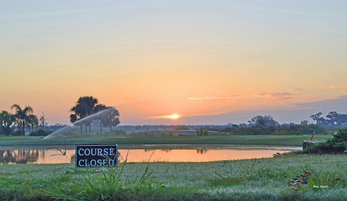 Sunrise over a closed golf course in The Villages