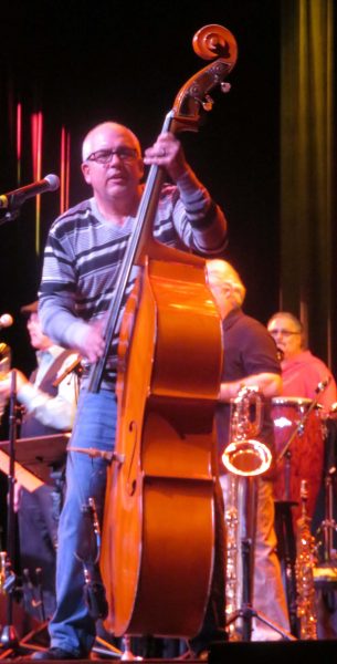 Bass man Jimmy Miller works out on stage