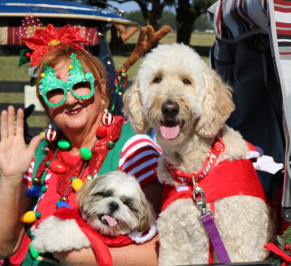 A Villager and her dogs greet the crowd while riding in a decorated golf cart