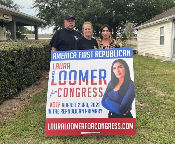 Candidate Laura Loomer with the owners of Kelleys Lunch Box Badges Tavern in Bushnell