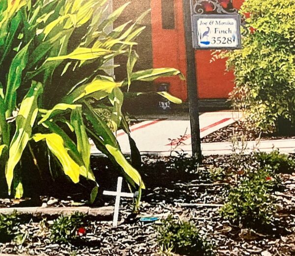 This photo of the little white cross on display in the Village of Hillsborough was displayed as evidence in Thursday's public hearing