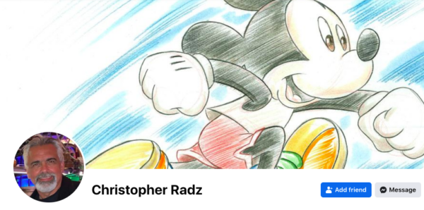 Christopher Radz's personal Facebook page includes a drawing of Mickey Mouse