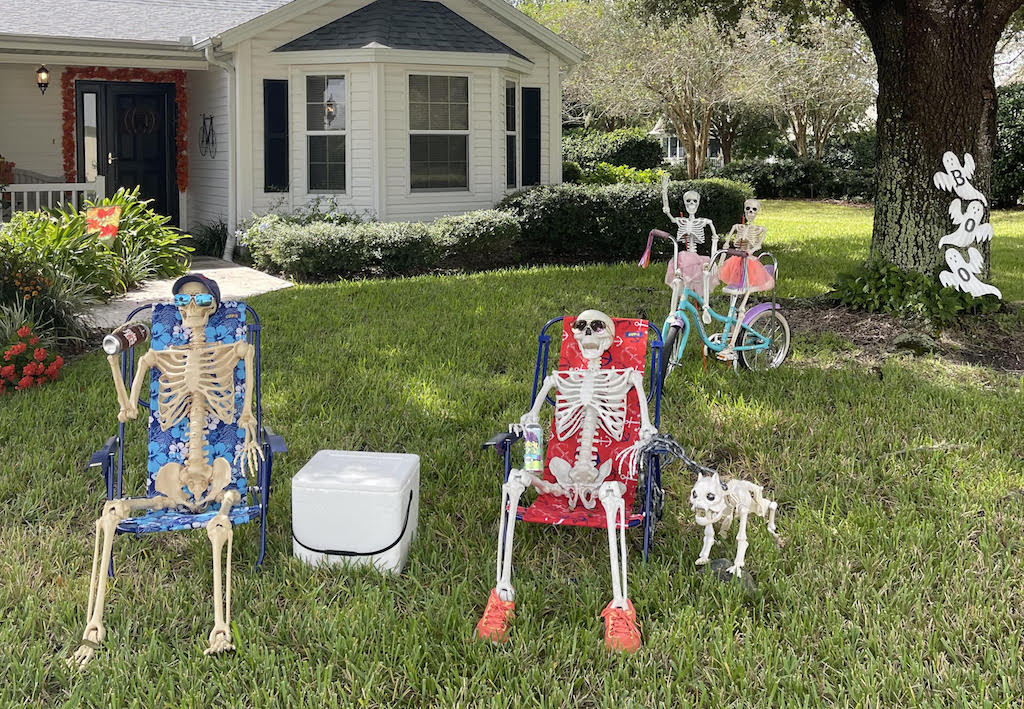 Skeletons chilling with a cold one at home in front lawn in The ...