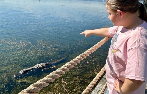 Connie Culver's granddaughter points to an alligator in the water at Lake Sumter Landing