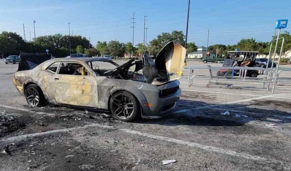 The aftermath on Sunday morning after cars went up in flames at Walmart in Summerfield on Saturday. Photo Facebook user Dan Bader