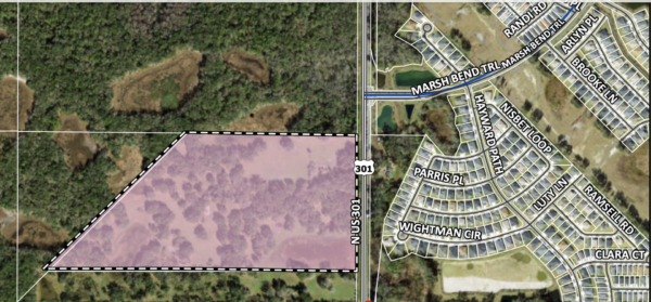 The pink area at left shows where the micro hospital would be built across U.S. 301 from the Village of DeLuna