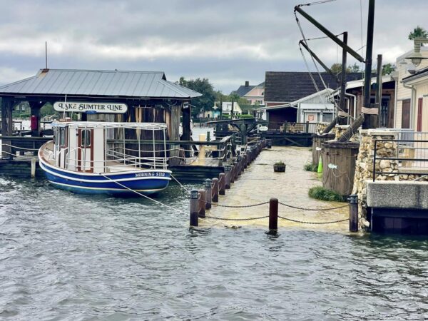 Sections of the boardwalk at Lake Sumter Landing have been flooded by Hurricane Milton